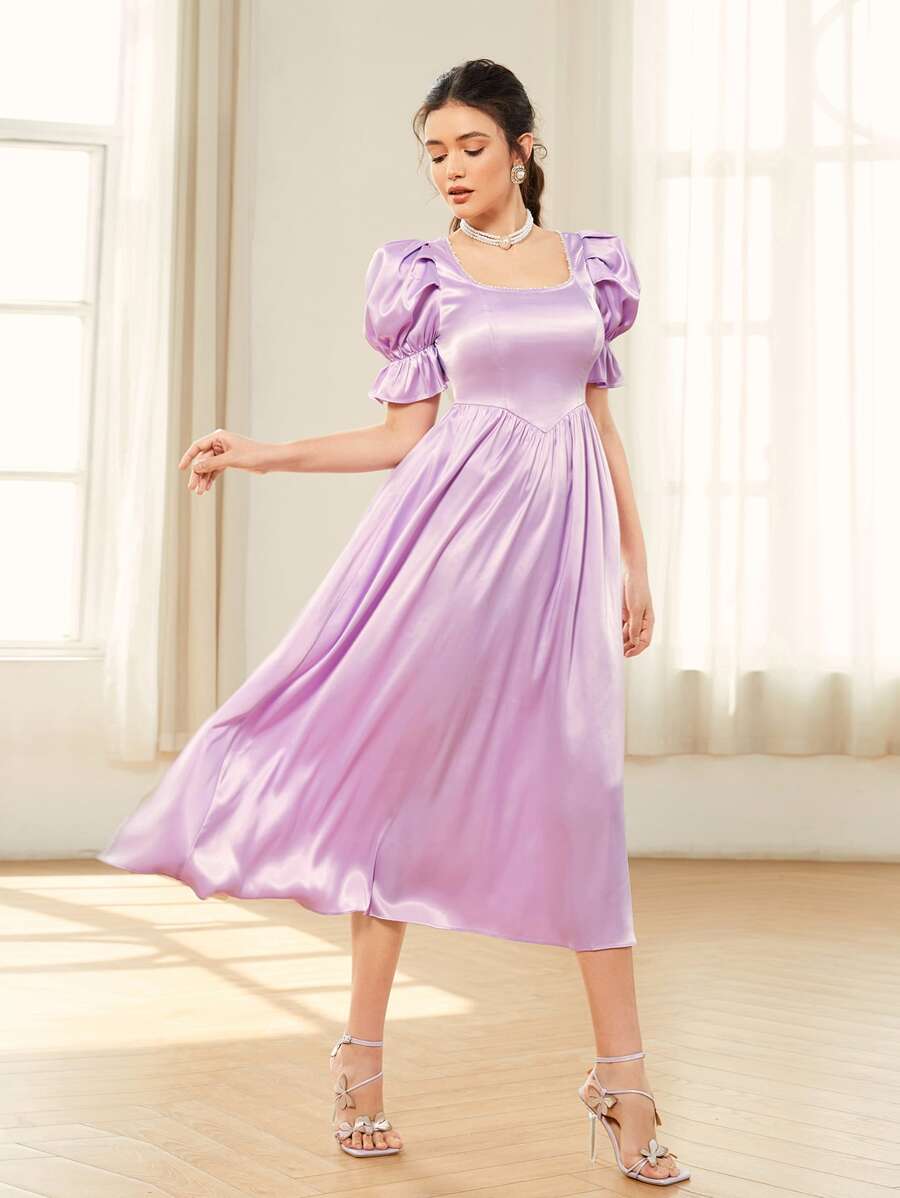 SHEIN Puff Sleeve Flare Hem Satin Dress - Lilac Purple - View 1