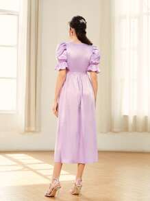 SHEIN Puff Sleeve Flare Hem Satin Dress - Lilac Purple - View 2