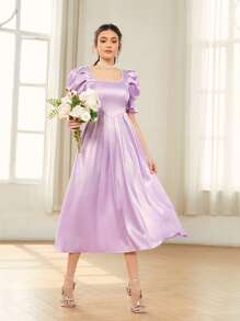 SHEIN Puff Sleeve Flare Hem Satin Dress - Lilac Purple - View 3