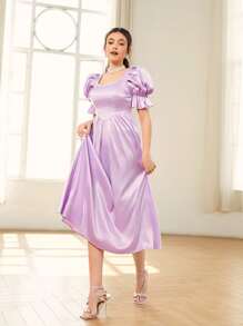 SHEIN Puff Sleeve Flare Hem Satin Dress - Lilac Purple - View 4