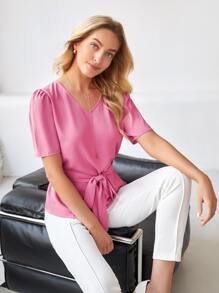 EMERY ROSE Solid Belted Top - Pink - View 1