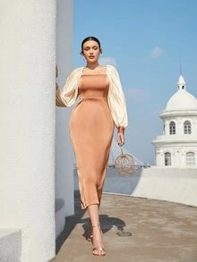 Modelyn Colourblock Lantern Sleeve Split Hem Dress - Multicolor - View 5