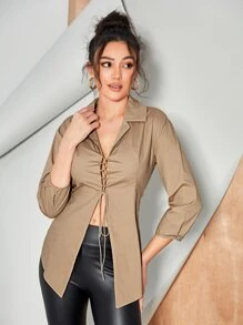 STERRALDA OSIAS 设计师商务休闲纯色蕾丝前开衬衫，办公室 - 摩卡棕 - 查看 3