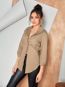 STERRALDA OSIAS 设计师商务休闲纯色蕾丝前开衬衫，办公室 - 摩卡棕 - 查看 6