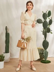 Mulvari Bộ đồ hai mảnh nữ Ngọc trai Viên lá sen Nút phía trước màu trơn Thanh lịch - Màu be - Xem 1