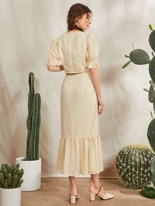 Mulvari Bộ đồ hai mảnh nữ Ngọc trai Viên lá sen Nút phía trước màu trơn Thanh lịch - Màu be - Xem 2