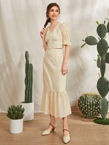 Mulvari Bộ đồ hai mảnh nữ Ngọc trai Viên lá sen Nút phía trước màu trơn Thanh lịch - Màu be - Xem 3