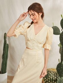 Mulvari Bộ đồ hai mảnh nữ Ngọc trai Viên lá sen Nút phía trước màu trơn Thanh lịch - Màu be - Xem 4