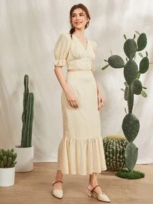Mulvari Bộ đồ hai mảnh nữ Ngọc trai Viên lá sen Nút phía trước màu trơn Thanh lịch - Màu be - Xem 5
