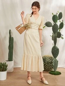 Mulvari Bộ đồ hai mảnh nữ Ngọc trai Viên lá sen Nút phía trước màu trơn Thanh lịch - Màu be - Xem 6