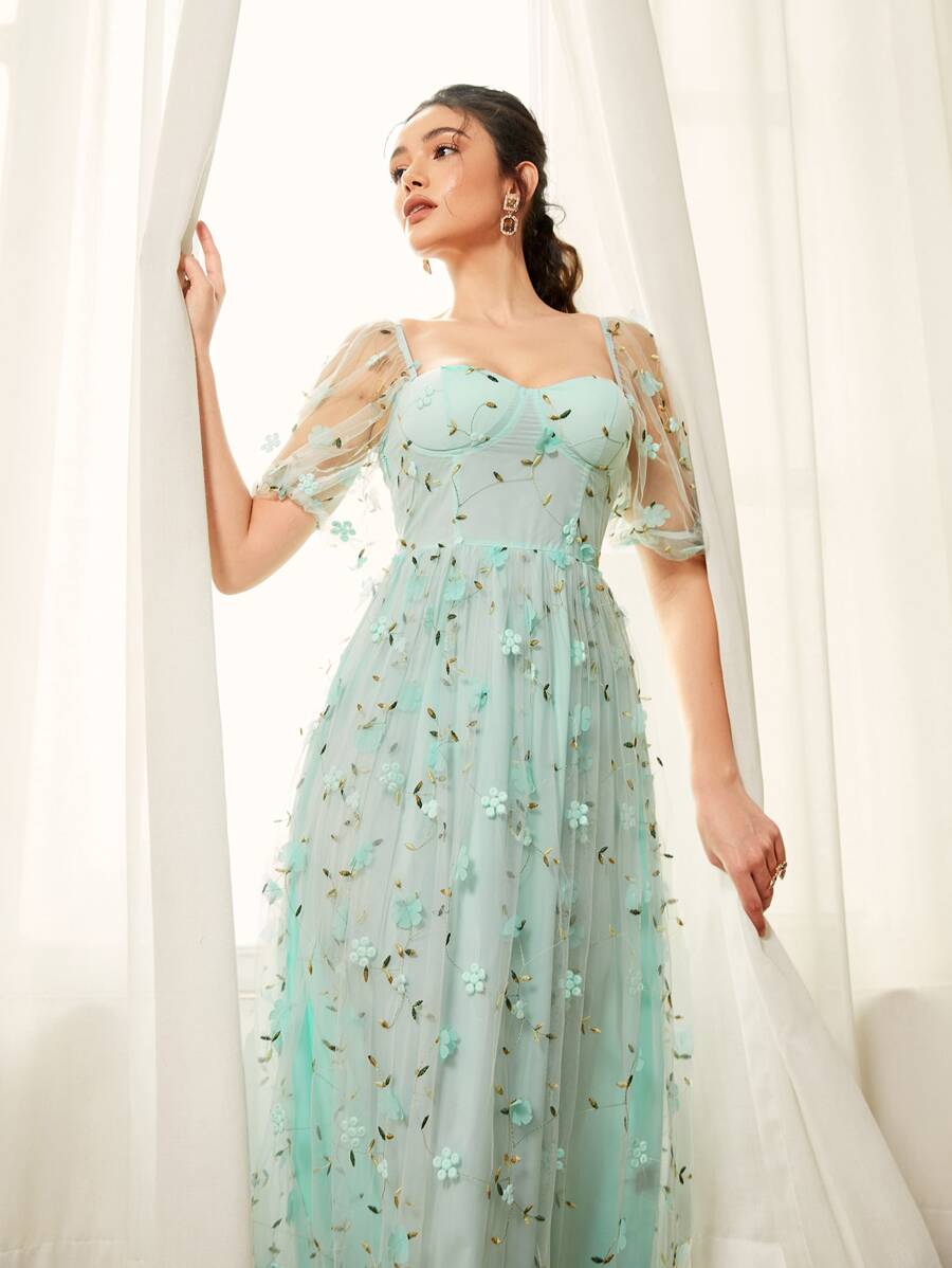 Modelyn Sweetheart Neck Applique Detail Dress Long Evening Dresses - Mint Green - View 1