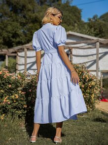 Breezaya 垂直条纹泡泡袖交叉系带前襟罩衫长款度假海滩装女式 - 藍白色 - 查看 2