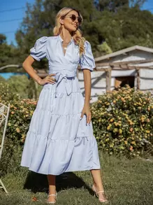 Breezaya 垂直条纹泡泡袖交叉系带前襟罩衫长款度假海滩装女式 - 藍白色 - 查看 3