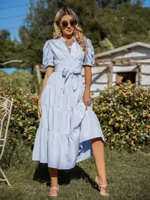 Breezaya 垂直条纹泡泡袖交叉系带前襟罩衫长款度假海滩装女式 - 藍白色 - 查看 4