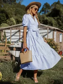 Breezaya 垂直条纹泡泡袖交叉系带前襟罩衫长款度假海滩装女式 - 藍白色 - 查看 5