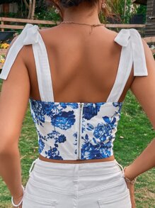 SHEIN SunnyBelle Floral Print Knot Shoulder Cami Top - Blue and White - View 2