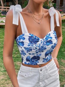 SHEIN SunnyBelle Floral Print Knot Shoulder Cami Top - Blue and White - View 5