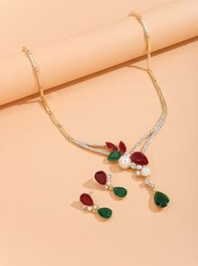 Faux Pearl Rhinestone Decor Earrings & Necklace - Multicolor - View 1