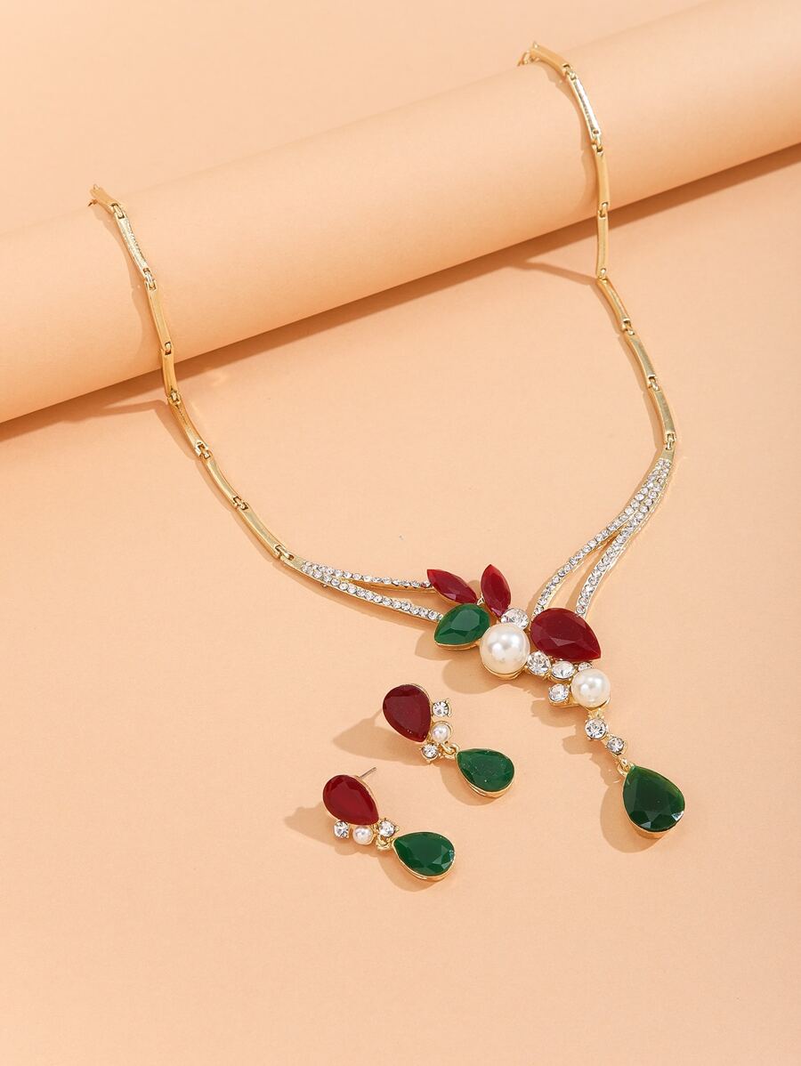 Faux Pearl Rhinestone Decor Earrings & Necklace - Multicolor - View 1