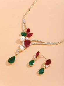 Faux Pearl Rhinestone Decor Earrings & Necklace - Multicolor - View 2