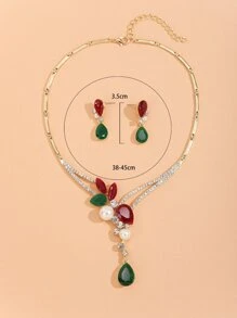 Faux Pearl Rhinestone Decor Earrings & Necklace - Multicolor - View 3