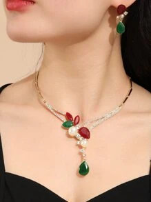 Faux Pearl Rhinestone Decor Earrings & Necklace - Multicolor - View 4