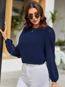SHEIN Clasi Lantern Sleeve Keyhole Back Blouse,Long Sleeve Tops Fall Cloth For Women