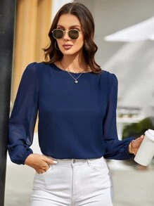 SHEIN Clasi Lantern Sleeve Keyhole Back Blouse,Long Sleeve Tops Fall Cloth For Women