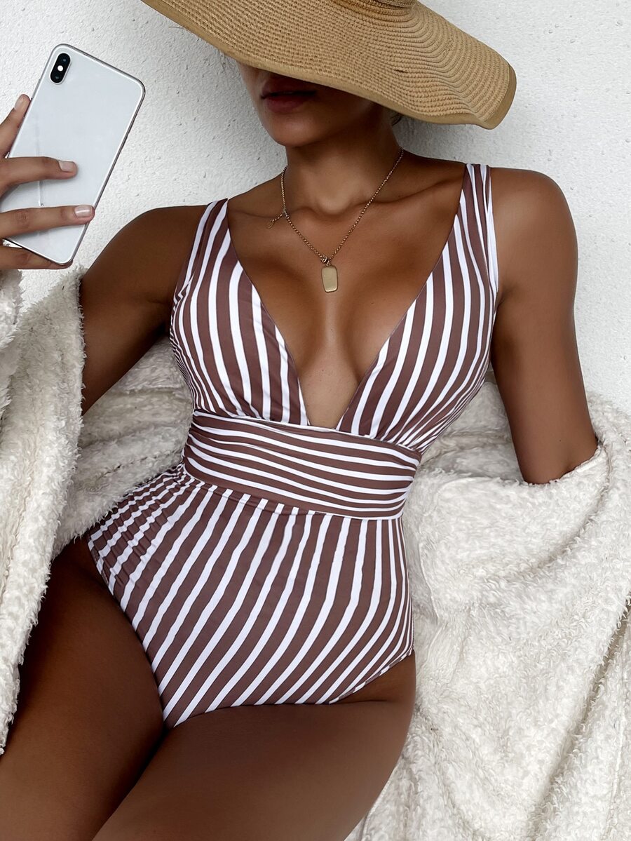 Striped Ruched One-Piece Swimsuit, For Summer Beach Vacation - Mocha Brown - View 1
