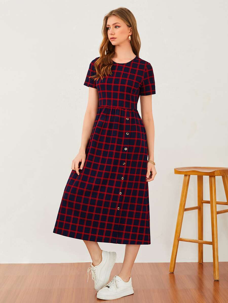 Mulvari Plaid Print Button Front A-line Dress - Multicolor - View 1