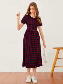 Mulvari Plaid Print Button Front A-line Dress - Multicolor - View 3
