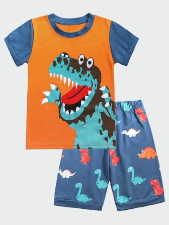 Toddler Boys Cartoon Graphic Contrast Sleeve Tee & Shorts Snug Fit PJ Set