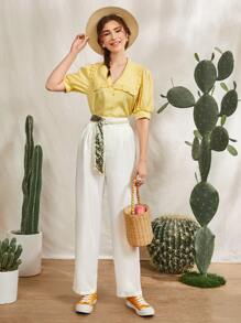 Mulvari Pantalones unicolor de talle alto sin cinturón - Blanco - Ver 1