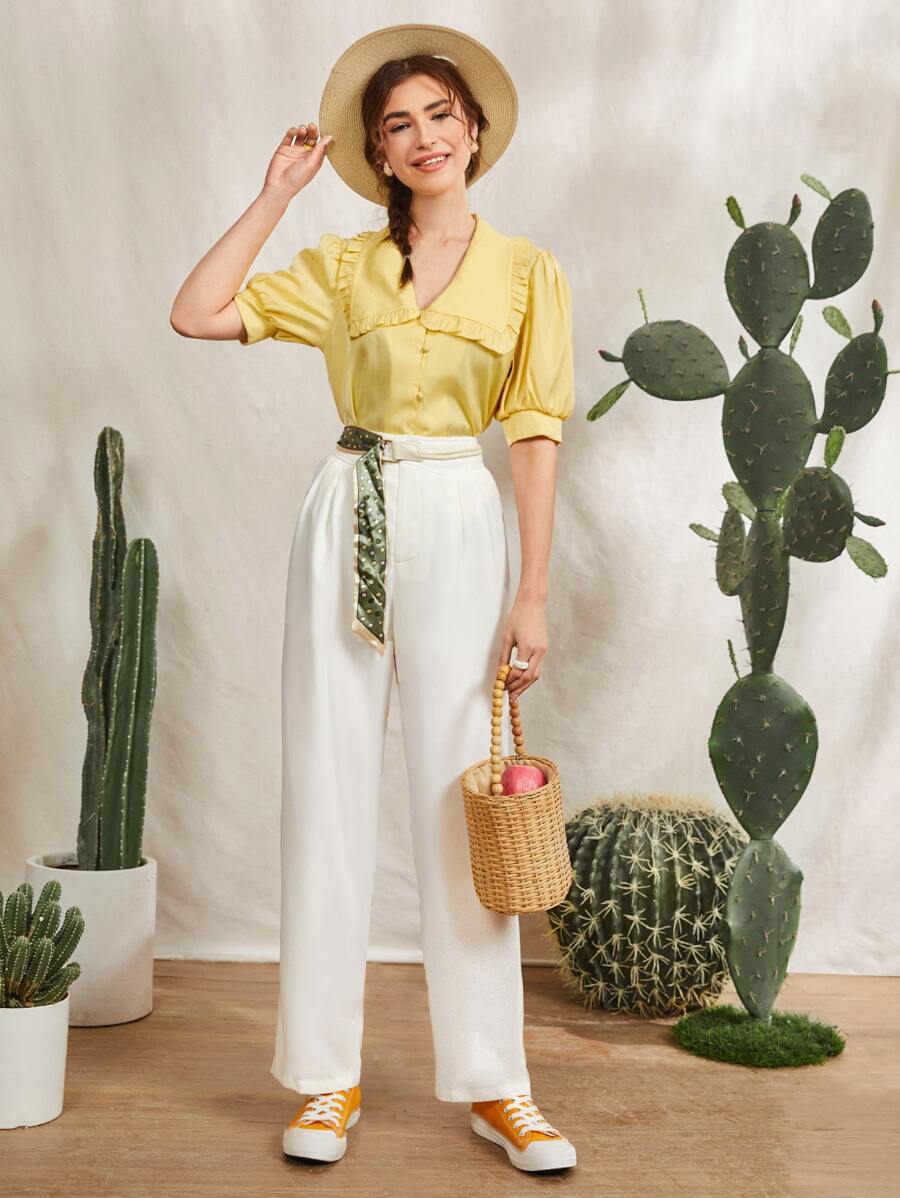 Mulvari Pantalones unicolor de talle alto sin cinturón - Blanco - Ver 1