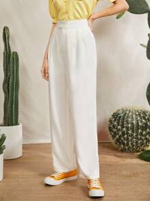 Mulvari Pantalones unicolor de talle alto sin cinturón - Blanco - Ver 4