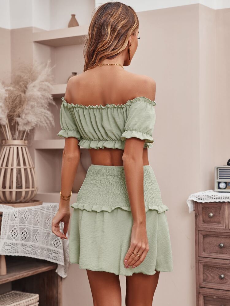 Off Shoulder Tie Front Crop Top & Shirred Ruffle Hem Skirt