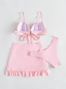 Swim Mod Summer Beach Solid Bikini Set Knot Front Push Up Bra & High Cut Bottom & Ruched Beach Skirt 3 Piece Bathing Suit