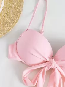 Swim Mod Summer Beach Solid Bikini Set Knot Front Push Up Bra & High Cut Bottom & Ruched Beach Skirt 3 Piece Bathing Suit