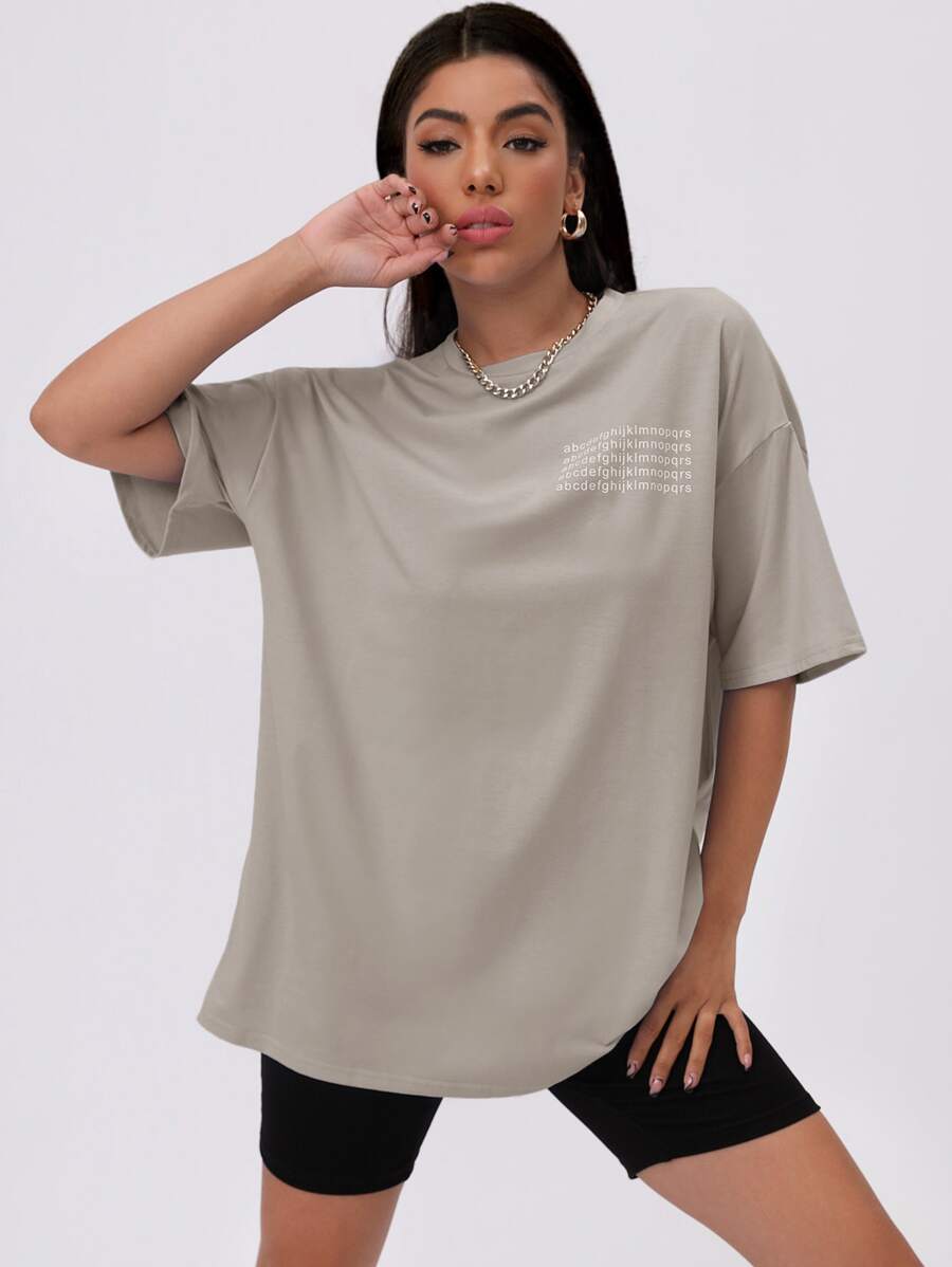 SHEIN Unity Letter Graphic Drop Shoulder Longline Tee Graphic Tees Women Tops - Light Grey - View 1