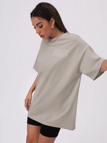 SHEIN Unity Letter Graphic Drop Shoulder Longline Tee Graphic Tees Women Tops - Light Grey - View 4