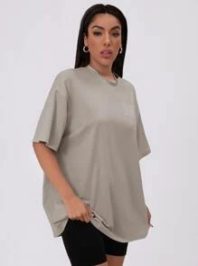 SHEIN Unity Letter Graphic Drop Shoulder Longline Tee Graphic Tees Women Tops - Light Grey - View 5