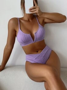 SHEIN Swim Conjunto de bikini texturizado Sujetador con aros en V y traje de baño de 2 piezas con parte inferior estilo hipster - Lila Púrpura - Ver 1