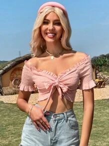 一字肩前繫帶打攬木耳邊邊上衣 - 淺粉色 - 查看 7