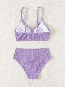 SHEIN Swim Conjunto de bikini texturizado Sujetador con aros en V y traje de baño de 2 piezas con parte inferior estilo hipster - Lila Púrpura - Ver 6
