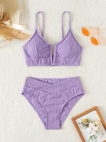SHEIN Swim Conjunto de bikini texturizado Sujetador con aros en V y traje de baño de 2 piezas con parte inferior estilo hipster - Lila Púrpura - Ver 7