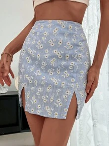 Daisy Print M-slit Hem Skirt - Multicolor - View 3