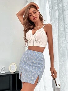 Daisy Print M-slit Hem Skirt - Multicolor - View 4