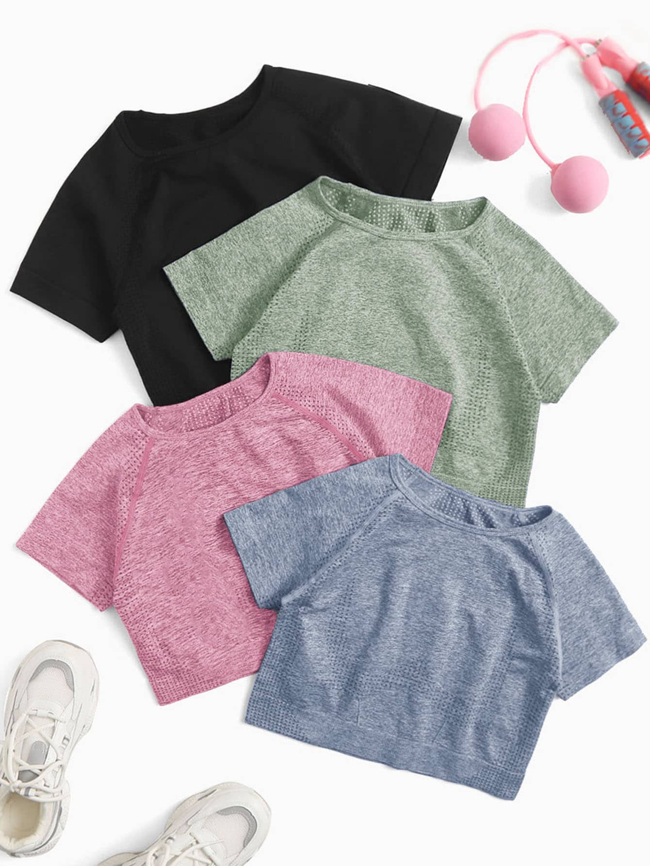 Easithlete 4pcs Seamless High Stretch Raglan Sleeve Crop Sports Tee - Multicolor - View 1