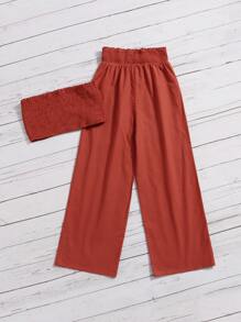 SHEIN Girls Shirred Crop Tube Top & Wide Leg Pants - Redwood - View 2