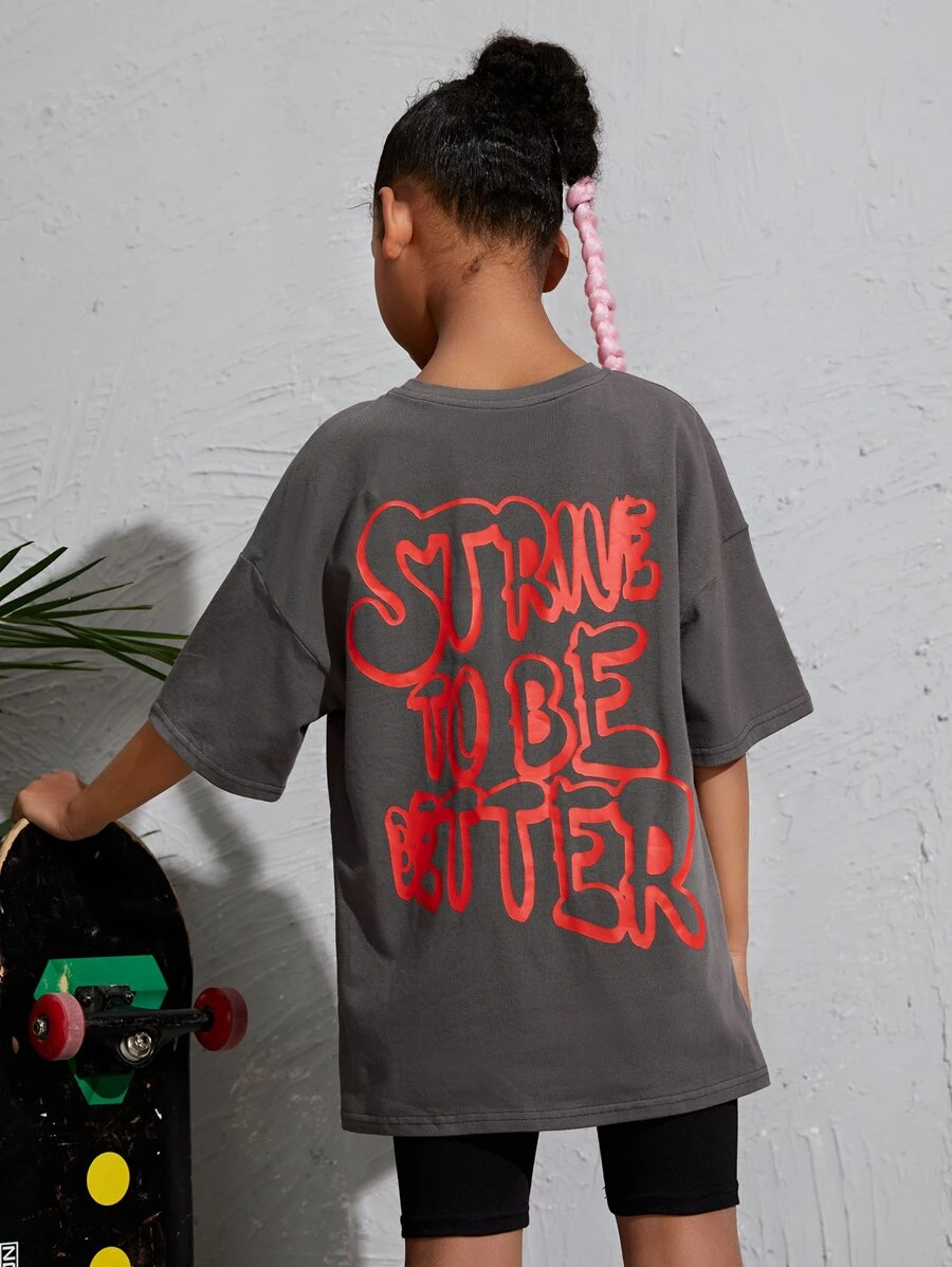 SHEIN Tween Girl Slogan Graphic Drop Shoulder T-Shirt - Dark Grey - View 1